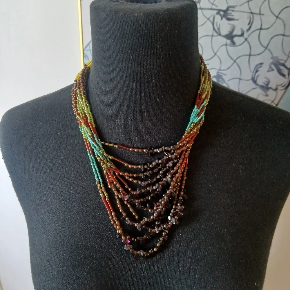 Colorful Peyote Multi-Stand Seed Bead Bohemian Necklace Native American Artistic